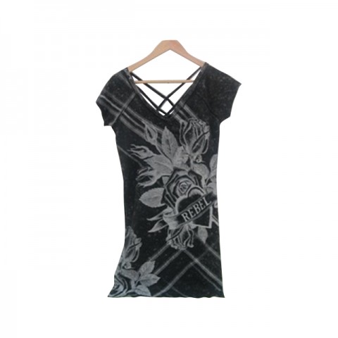 Gray Flower Pattern Long Black T-shirt