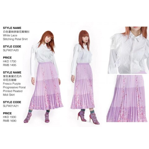White Lace Stitching Petal Shirt and Fresco Purple Progressive Floral Printed Pleated Midi Skirt