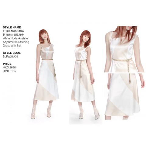 White Nude Acetate Asymmetric Stitching Dress with Belt