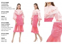 月光粉色捲袖荷葉邊鈕扣襯衫及珊瑚紅色高腰蕾絲透視魚尾半身裙