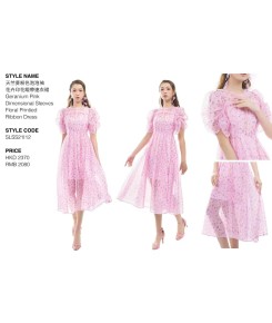 Geranium Pink Dimensional Sleeves Floral Printed Ribbon Dress