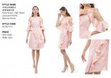 Petal Peach High-Waist Jacquard Ruffle Sleeves Dress