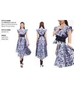 Black and White Butterfly Sketch Printed Dress