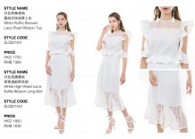 White Ruffle Sleeves Lace Peral Ribbon Top and High-Waist Lace Ruffle Ribbon Long Skirt