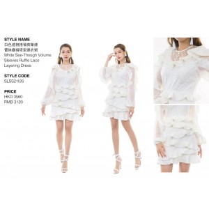 白色透视捲袖荷叶边蕾丝叠褶造型连衣裙