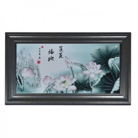 Porcelain tiles painted with images of Macao’s World Heritage sites and a lotus in a Chinese style wooden frame. (73cms(L)*43cms(W))
